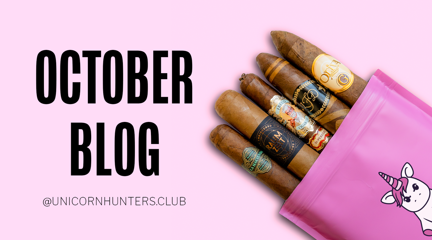 Unicorn Hunters Club October Blog Thumbnail with the October Cigar Selection on the UHC pink background